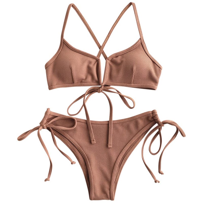 ZAFUL Women's High Cut Bikini Sets Ribbed V-Wire Cami Bikini Two Piece Swimsuit (3-Light Brown, L) - Image 2